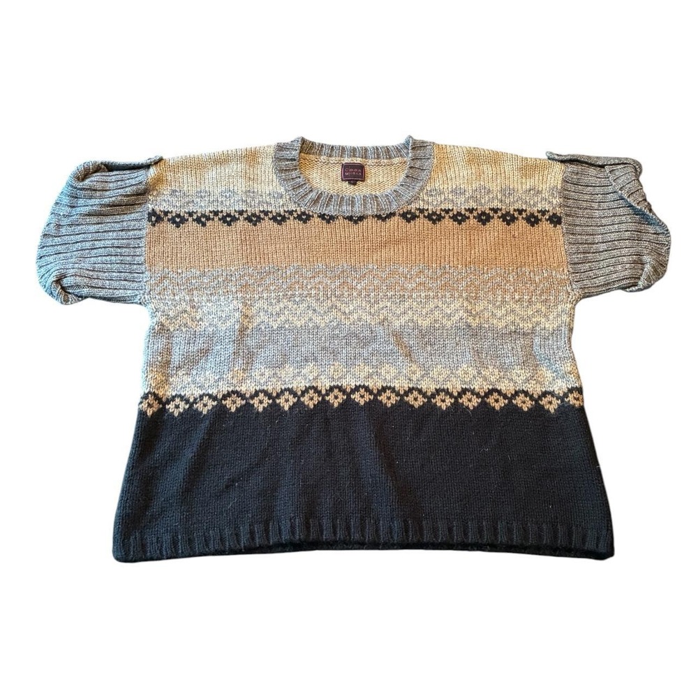 Colour Works Womens L Fair Isle Short Sleeve Sweater Grey Tan Black Crew Neck